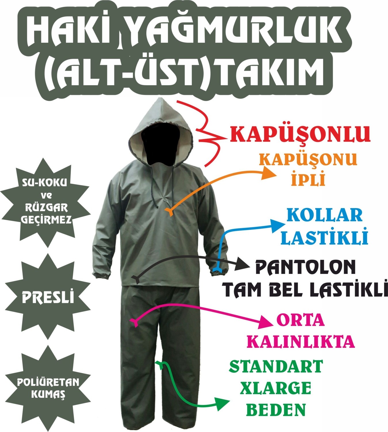Yeğinoğlu )HAKİ RENK YAĞMURLUK TAKIM,XL-BEDEN,PRESLİ(BALIKÇI)ORTA KALINLIKTA(SU-KOKU-RÜZGAR GEÇMEZ POLİ KUMAŞ)