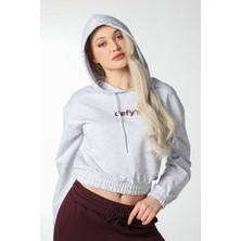 Defy's Gri Melanj Baskılı Crop Sweatshirt - Pamuklu Yumuşak İki İplik Hoodie