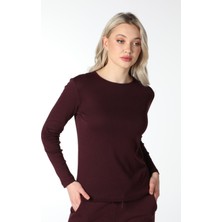 Defy's Kadın Bisiklet Yaka Uzun Kollu Regular Fit Basic Tişört Bordo