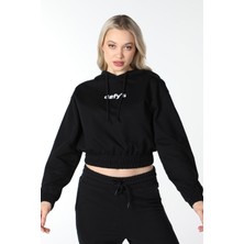 Defy's %100 Pamuk Siyah Baskılı Crop Sweatshirt - Penye Kumaş Kapüşonlu Hoodie