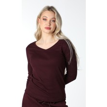 Defy's Kadın V Yaka Uzun Kollu Regular Fit Basic Tişört Bordo