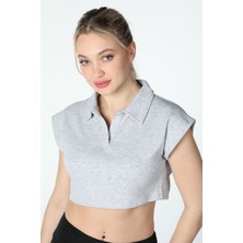 Defy's Kadın Yaka Detaylı Crop Kırçıllı Gri