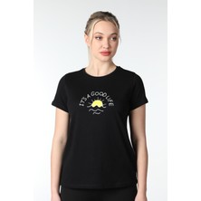 Defy's Kadın Bisiklet Yaka Kısa Kollu Regular Fit Baskılı Tişört Siyah