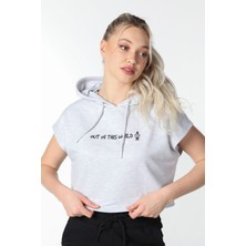 Defy's Kadın Kar Melanj Baskılı Kapüşonlu Crop Sweatshirt - Mevsimlik İki İplik Pamuklu Hoodie