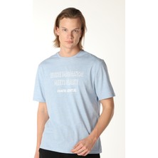 Defy's Erkek Bisiklet Yaka Kısa Kollu Regular Fit Baskılı Tişört Mavi Melanj