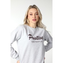 Defy's Kadın Bisiklet Yaka Regular Fit Baskılı Sweatshirt Gri