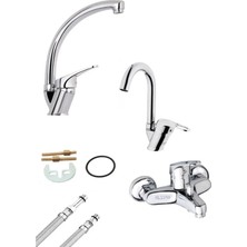 Alecra Kuğu ve Baston Borulu 3’lü Set Banyo - Mutfak ve Lavabo Musluğu Çeşmesi Bataryası Kaliteli Pirinç Gövde Krom Kaplama