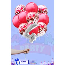 Lasagna Store 4 Harf Rakam 40 INÇ Gümüş Folyo Balon ve Kırmızı Konfetili Balon Seti
