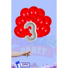 Lasagna Store 3 Harf Rakam Gümüş 40INÇ Folyo Balon ve Metalik Kırmızı Balon Seti