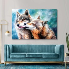SML Tablo Karda Oynayan Sevimli Kurt Çift Hayvan Kanvas Tablo