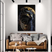 SML Tablo Gold Detaylı Aksesuarlı Kedi Altın Ay Ve Yıldızlar Kanvas Tablo