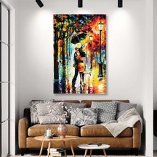 SML Tablo Şemsiye Altında Sarılan Romantik Çift Sonbahar Sokak Lambaları Kanvas Tablo