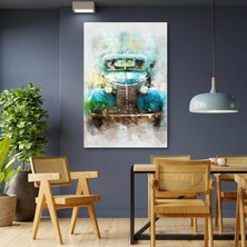 SML Tablo Mavi Klasik Araba Sulu Boya Efektli Dekorasyon Kanvas Tablo