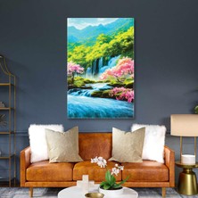 SML Tablo Şelale Doğa Manzarası Fırça Izleri Kiraz Çiçeği Ağacı Kanvas Tablo