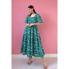 Elbee Fashion Woman Yeşil Düğmeli Brode Elbise