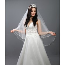 Paris in Paris Inci Işlemeli Iki Katlı Gelinlik Duvağı-Nikah Duvağı 1 Metre Uzunlukta Taraklı Kırıkbeyaz