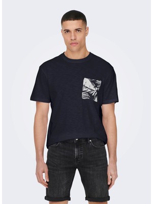 Only & Sons O Yaka Düz Lacivert Erkek T-Shirt 22025286_ONSPERRY Lıfe Reg Leaf Ss