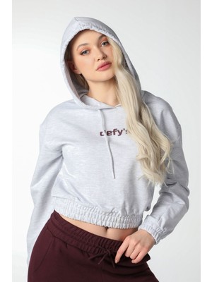 Defy's Gri Melanj Baskılı Crop Sweatshirt - Pamuklu Yumuşak İki İplik Hoodie