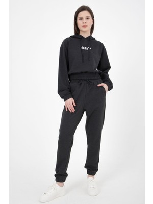 Defy's Kadın Lastikli Paça Cepli Regular Fit Jogger Eşofman Altı Antrasit Melanj