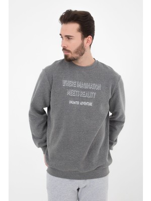 Defy's Erkek Bisiklet Yaka Regular Fit Baskılı İçi Şardonlu Soğuk Geçirmez Sweatshirt Antrasit