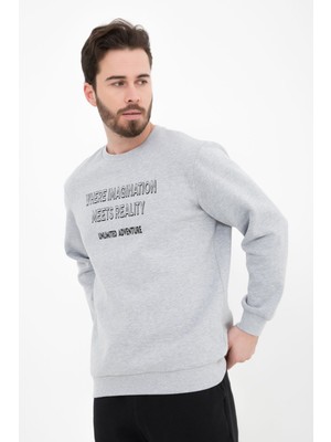 Defy's Erkek Bisiklet Yaka Regular Fit Baskılı İçi Şardonlu Soğuk Geçirmez Sweatshirt Gri
