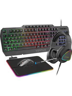 Vertux Vertukit 4 In 1 Rainbow Aydınlatmalı Ingilizce Q Klavye, Mouse, Mousepad, Kulaklık Oyuncu Gaming Başlangıç Set