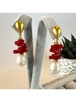 Jewstone Accessories Sarkık Mercanlı İnci Küpe