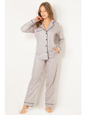 Doremi Çizgili Doğal Viskon Soft Yumuşak Düğmeli Pijama Takımı