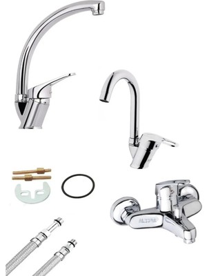 Alecra Kuğu ve Baston Borulu 3’lü Set Banyo - Mutfak ve Lavabo Musluğu Çeşmesi Bataryası Kaliteli Pirinç Gövde Krom Kaplama