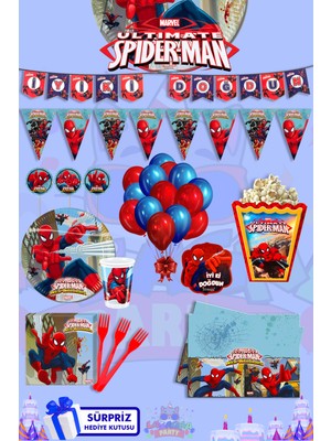 Lasagna Store Spider-Man 16 Kişilik Süpriz Hediye Kutulu Lüx Doğum Günü Parti Malzemeleri Seti