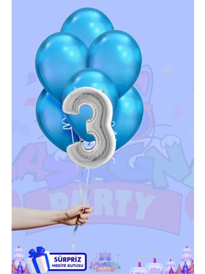 Lasagna Store 3 Harf Rakam Gümüş 40 INÇ Folyo Balon ve Metalik Mavi Balon Seti