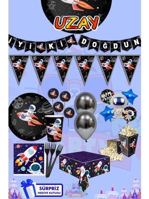 Lasagna Store Uzay Tema 8 Kişilik Süpriz Hediye Kutulu Doğum Günü Parti Malzemeleri Seti