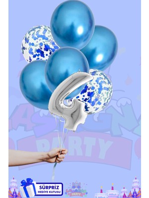 Lasagna Store 4 Harf Rakam 40INÇ Gümüş Folyo Balon ve Mavi Konfetili Balon Seti