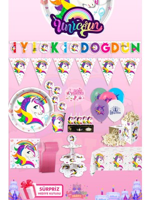 Lasagna Store Ünicorn 16 Kişilik Süpriz Hediye Kutulu Doğum Günü Parti Malzemeleri Seti