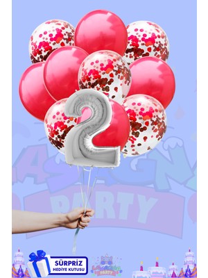 Lasagna Store 2 Harf Rakam 40 INÇ Gümüş Folyo Balon ve Kırmızı Konfetili Balon Seti