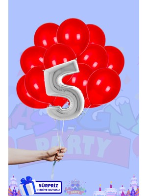 Lasagna Store 5 Harf Rakam 40INÇ Gümüş Folyo Balon ve Metalik Kırmızı Balon Seti