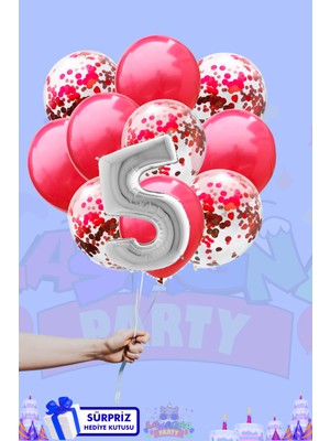 Lasagna Store 5 Harf Rakam 40INÇ Gümüş Folyo Balon ve Kırmızı Konfetili Balon Seti