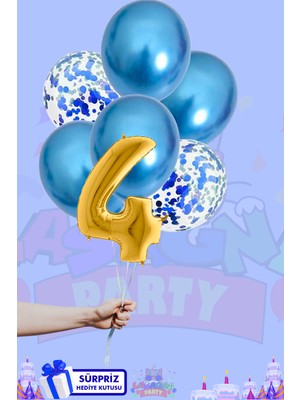 Lasagna Store 4 Harf Rakam 40INÇ Gold Folyo Balon ve Mavi Konfetili Balon Seti