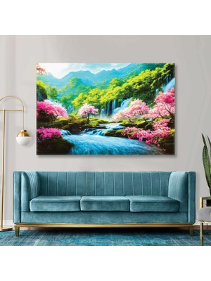 SML Tablo Şelale Doğa Manzarası Fırça Izleri Kiraz Çiçeği Ağacı Kanvas Tablo