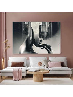 Neon Işıklar Poz Veren Kadın Modern Yatay Kanvas Tablo