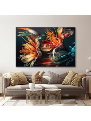 SML Tablo Mavi Yapraklı Turuncu Çiçekler Dekoratif Çiçek Kanvas Tablo