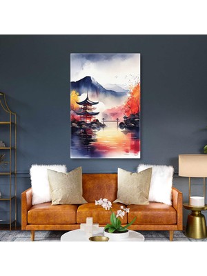 SML Tablo Dağ Ve Göl Manzarası Japon Evleri Doğa Kanvas Tablo
