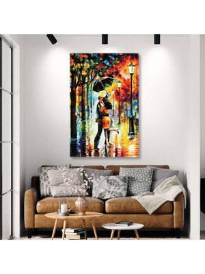 SML Tablo Şemsiye Altında Sarılan Romantik Çift Sonbahar Sokak Lambaları Kanvas Tablo