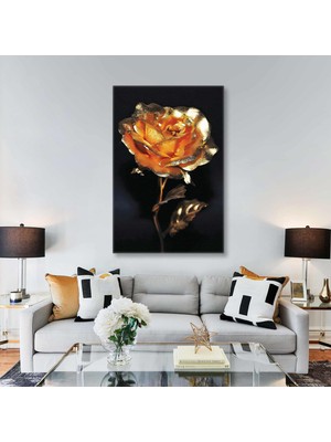 SML Tablo Gold Detaylı Metalik Turuncu Gül Doğa Kanvas Tablo