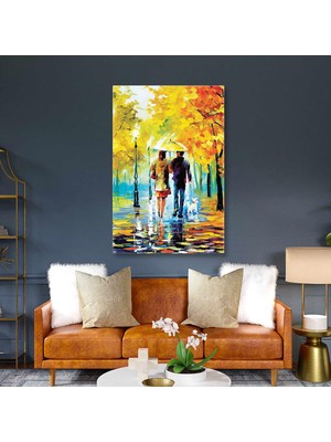 SML Tablo Yağmurda Köpeklerini Gezdiren Şemsiyeli Romantik Çift Sonbahar Kanvas Tablo
