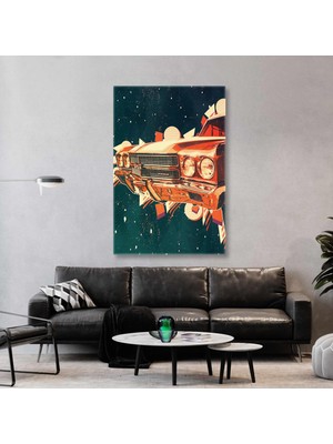 SML Tablo Klasik Kırmızı Araba Ilüstrasyon Retro Dekoratif Kanvas Tablo