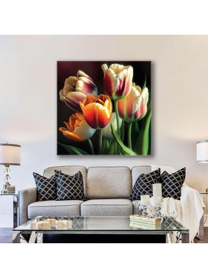 SML Tablo Pembe Ve Beyaz Lale Buketi Çiçek Dekoratif Kanvas Tablo