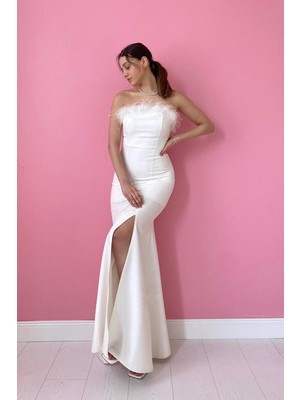 Elbee Fashion Woman Straplez Yaka Tüylü Abiye - Beyaz