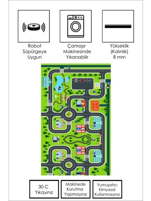 Ruglod Makinede Yıkanabilir Kaymaz Taban Leke Tutmaz Antialarjik Yol Desenli Çocuk Odası Halısı Oyun Matı