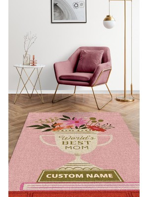 Homshtag Dünyanın En İyi Annesi Kişiye Özel Kişiselleştirilebilir Dokuma Tabanlı Yıkanabilir Dekoratif Ev Halısı